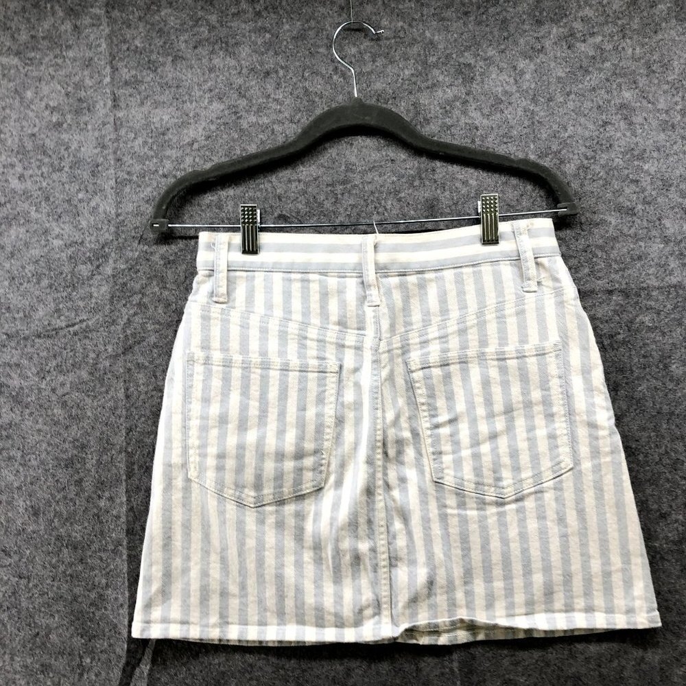 Madewell Denim Mini Skirt Sz 26 Pompano Stripe Blue White A Line Stretch Button - Picture 2 of 10